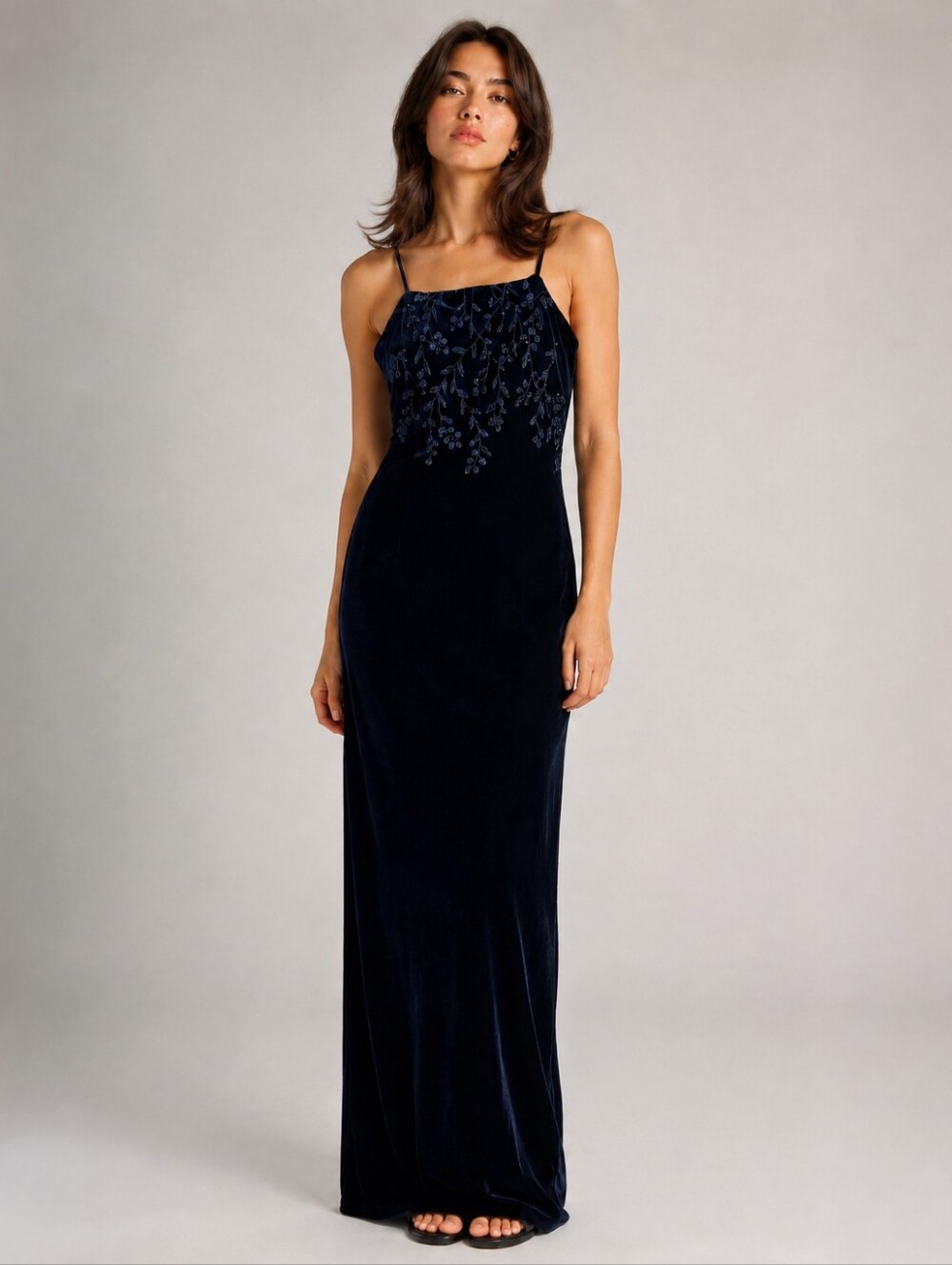 Vintage 90s Emblem Velvet Floral Maxi Dress Size M Navy Blue Glitter Slip Dress